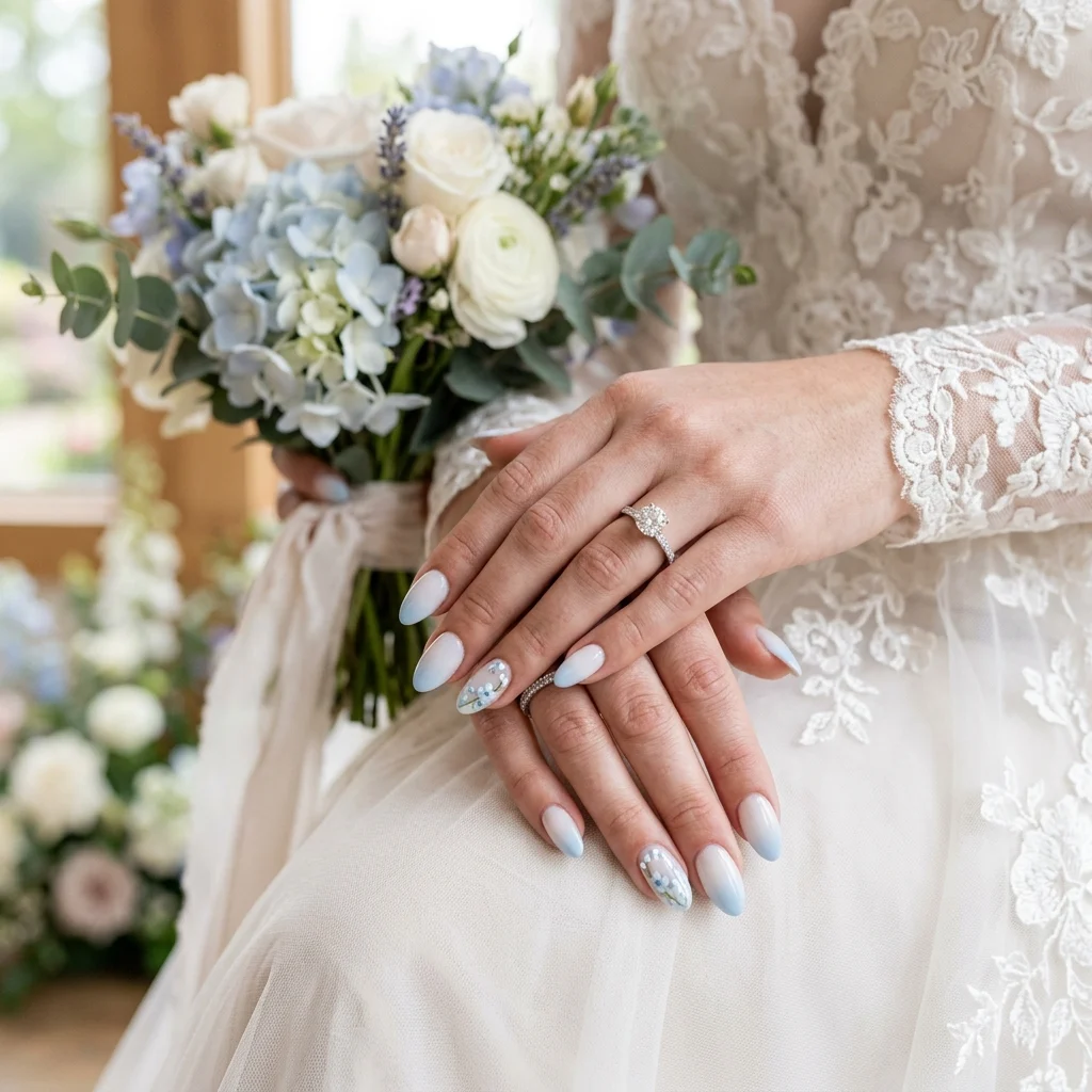 Delicate blue wedding nails